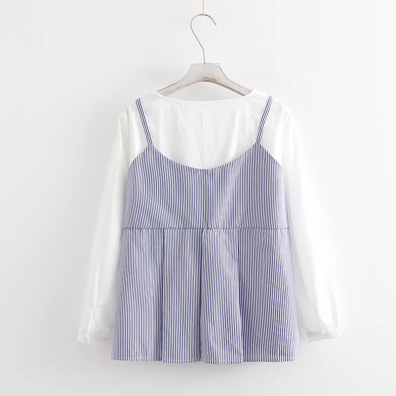 Dream Box 2023 Thu Đông Mới Phong Cách Nhật Bản Tươi Mát Sọc Xanh Yếm Áo Sơ Mi Chắp Vá Nữ Cổ Tròn Giả Hai Mảnh Áo Sơ Mi Sọc