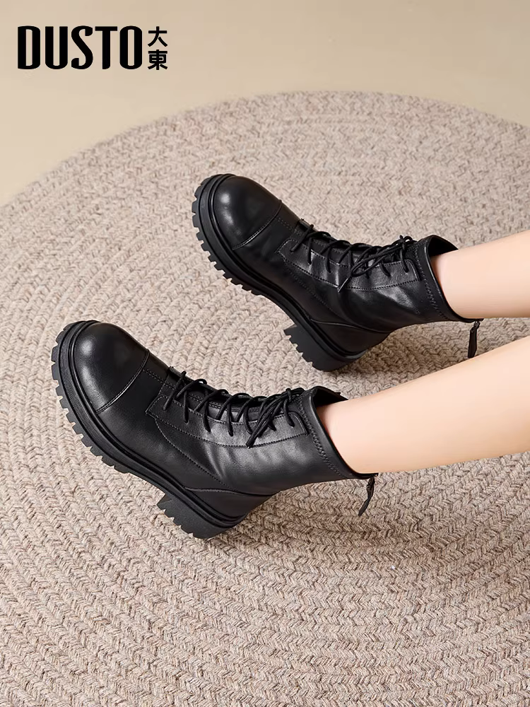 Giày nữ Dadong mùa thu đông, kiểu boots Martin đen, kiểu mới 2025, boots nữ có lót lông, phong cách Anh, đế dày, boots ngắn