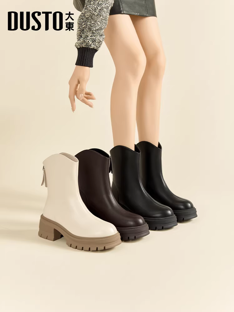 Giày bốt ngắn màu đen Dadong dành cho nữ 2025, mẫu mới thu đông, gót dày, kiểu dáng ôm chân, kiểu Chelsea, đế dày, kiểu Martin.