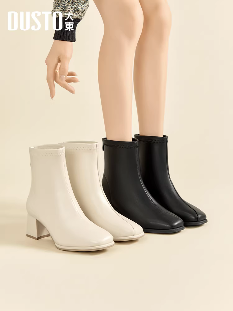 Giày bốt cao gót ngắn Dadong dành cho nữ 2025, mẫu mới thu đông, lót lông, gót dày, kiểu dáng ôm sát, kiểu Chelsea, kiểu Pháp, cổ ngắn.