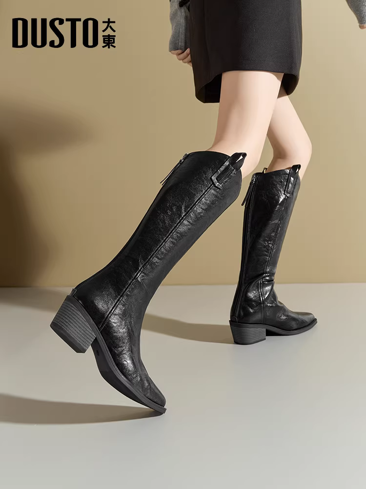 Giày bốt cao cổ đen Dadong dành cho nữ, mẫu mới thu đông 2025, giày cao gót, kiểu ôm sát, mũi nhọn, kiểu dáng cao cổ.