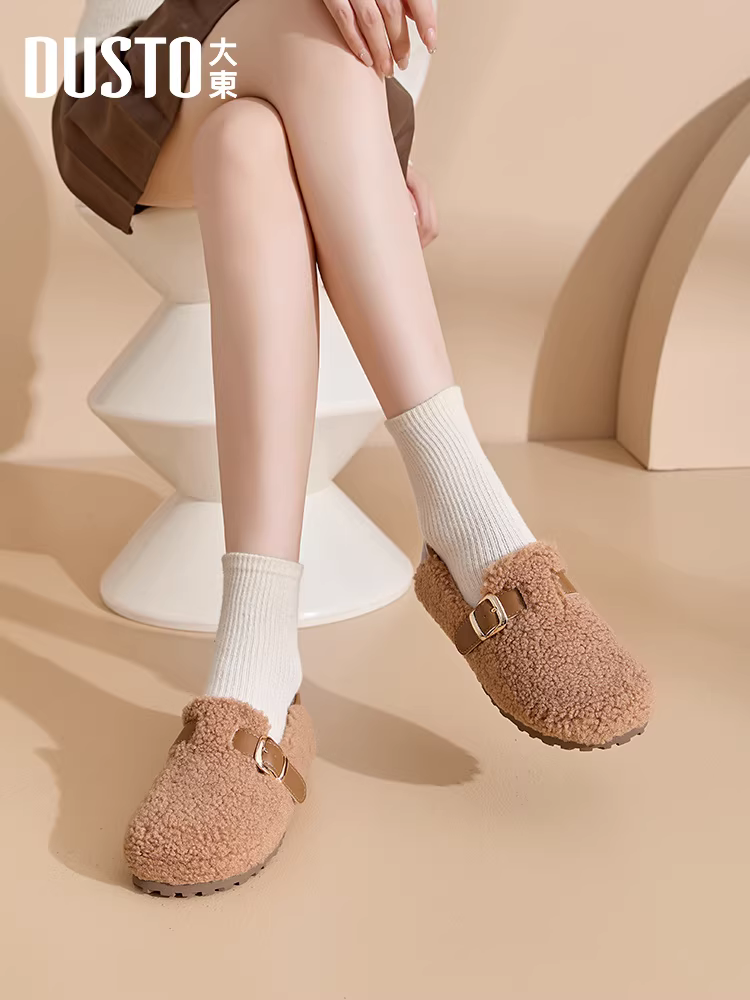 Giày lười nữ mùa đông 2025 kiểu mới, giày bệt cotton kiểu Birkenstock có lớp lót lông mềm