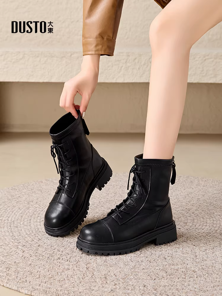 Giày bốt Martin kiểu Anh đen Dadong dành cho nữ, mẫu mới thu đông 2025, đế dày tăng chiều cao, dành cho nữ nhỏ nhắn, kiểu bốt ngắn