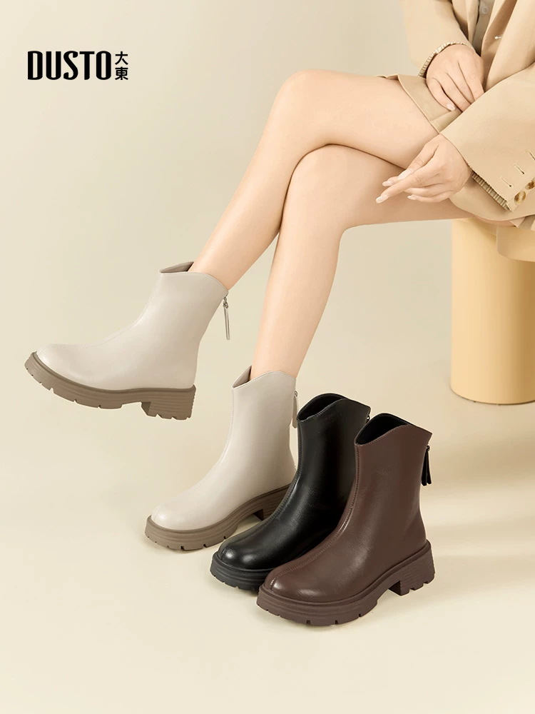 Giày bốt cổ ngắn đế dày nữ, kiểu mới thu đông 2025, lót lông cừu, kiểu Chelsea, phong cách Pháp, kiểu ôm sát.
