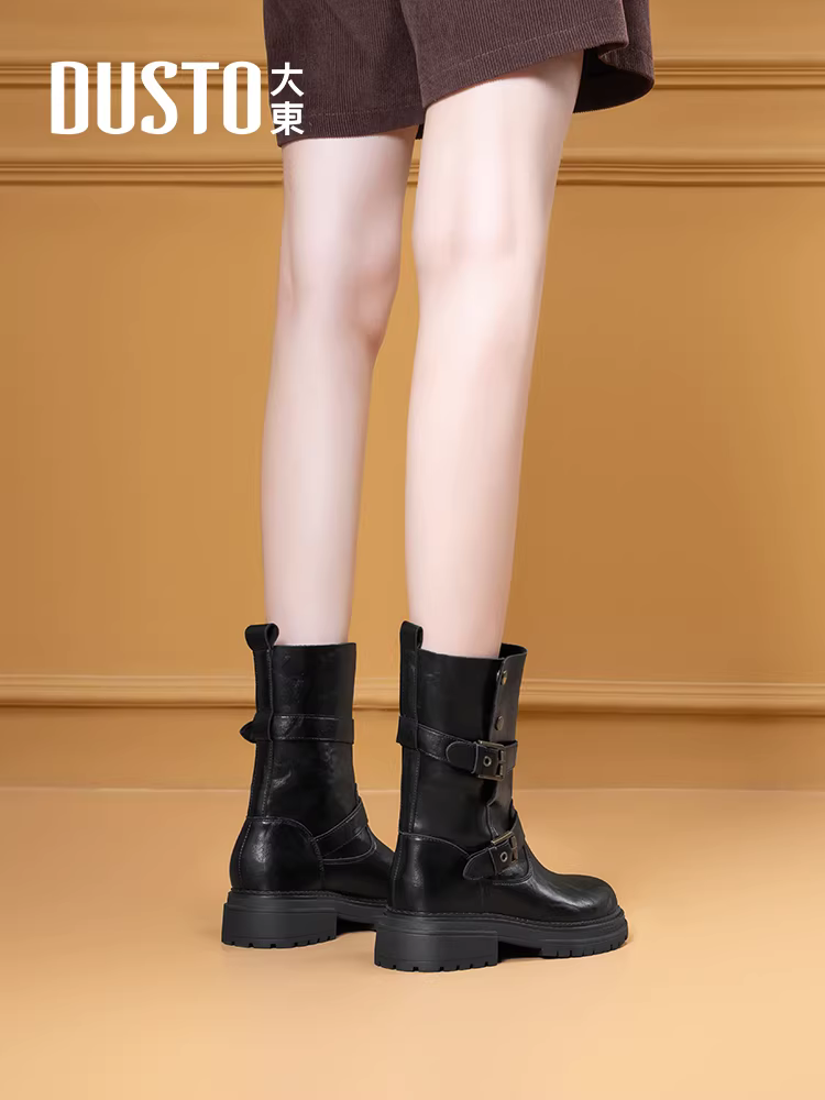 Giày bốt nữ cao đến giữa bắp chân, kiểu mới thu đông 2025, màu đen, đế dày, gót thô, kiểu Martin, kiểu ôm sát, kiểu đi cưỡi ngựa.