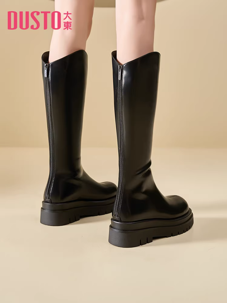 Giày bốt dài màu đen Dadong dành cho nữ, mẫu mới thu đông 2025, bốt đế dày, bốt cao dành cho người thấp, bốt dài.