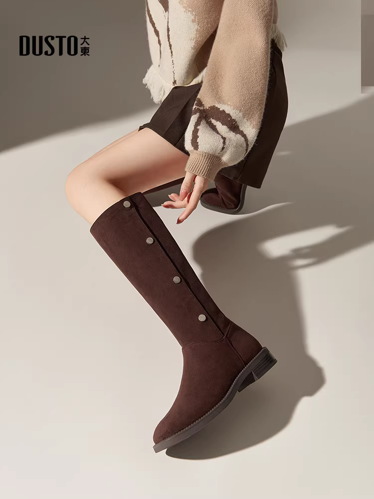 Giày bốt giảm béo Dadong dành cho nữ, kiểu mới thu đông 2025, bốt da lộn dài trên đầu gối, bốt nữ ống rộng, bốt cao.