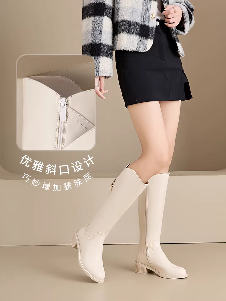 Giày bốt dài màu đen Dadong dành cho nữ 2025, mẫu mới thu đông, lót lông cừu, kiểu dáng ôm sát, cổ cao, kiểu dáng đi xe, bốt dài