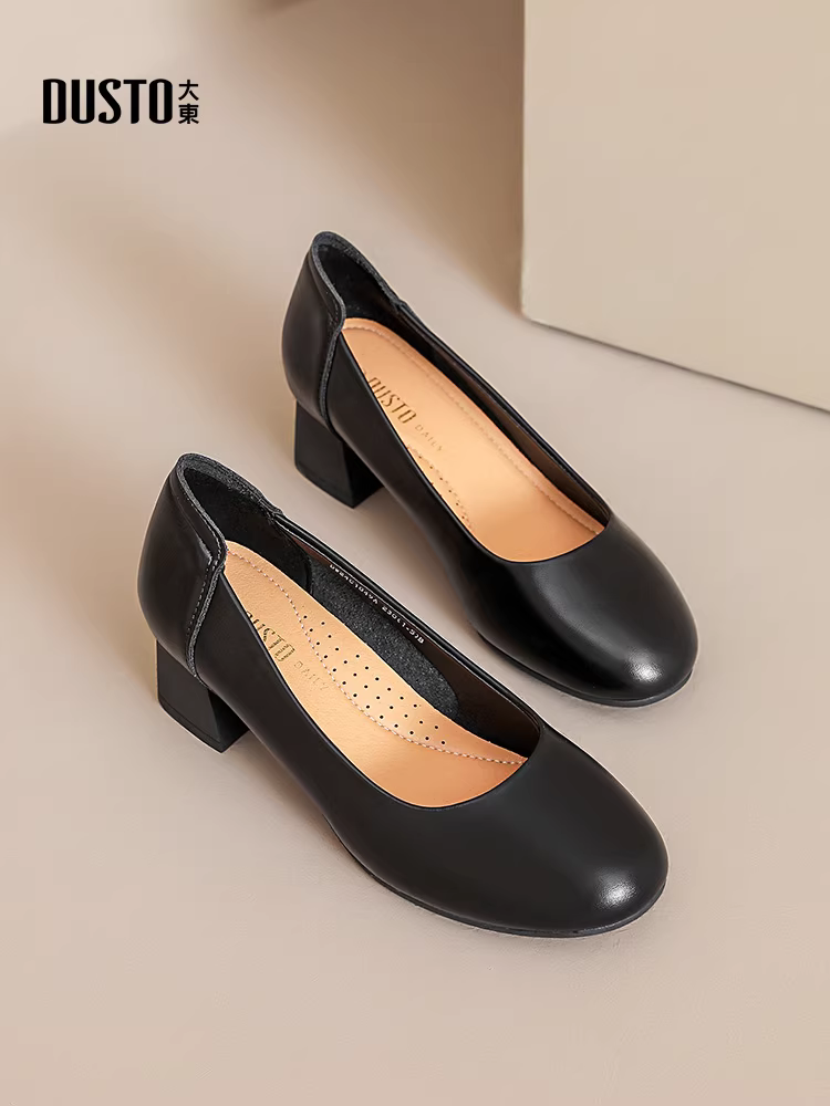 Giày cao gót đế thô Dadong dành cho nữ, mẫu mới thu đông 2025, màu đen, kiểu lười, đi làm, bền, êm, đế mềm.