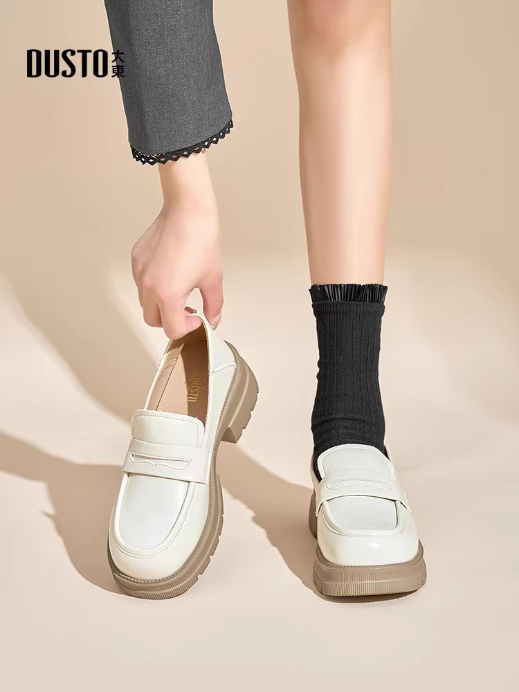 Giày lười đế dày Dadong dành cho nữ, giày nữ kiểu mới thu đông 2025, giày da trắng kiểu Pháp, kiểu lười tăng chiều cao.