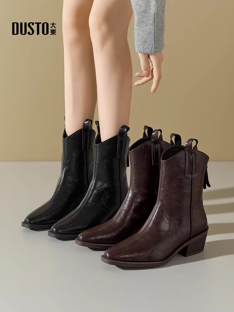 Giày bốt cổ ngắn mũi nhọn kiểu Pháp retro Dadong dành cho nữ, mẫu mới thu đông 2025, lót lông, kiểu cao bồi miền Tây, kiểu Chelsea