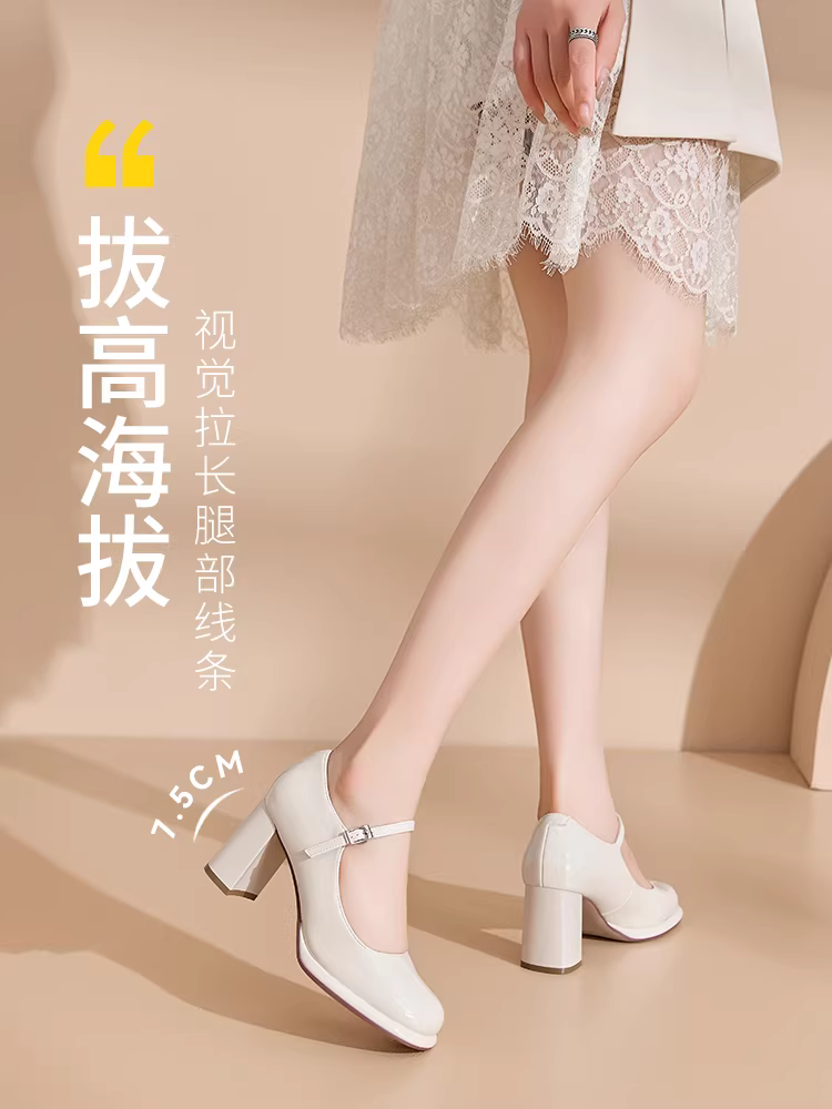 Giày cao gót Dadong Mary Jane nữ 2025, giày nữ mùa thu mới màu đen, kiểu Pháp, mũi kín, gót dày, giày da nhỏ.