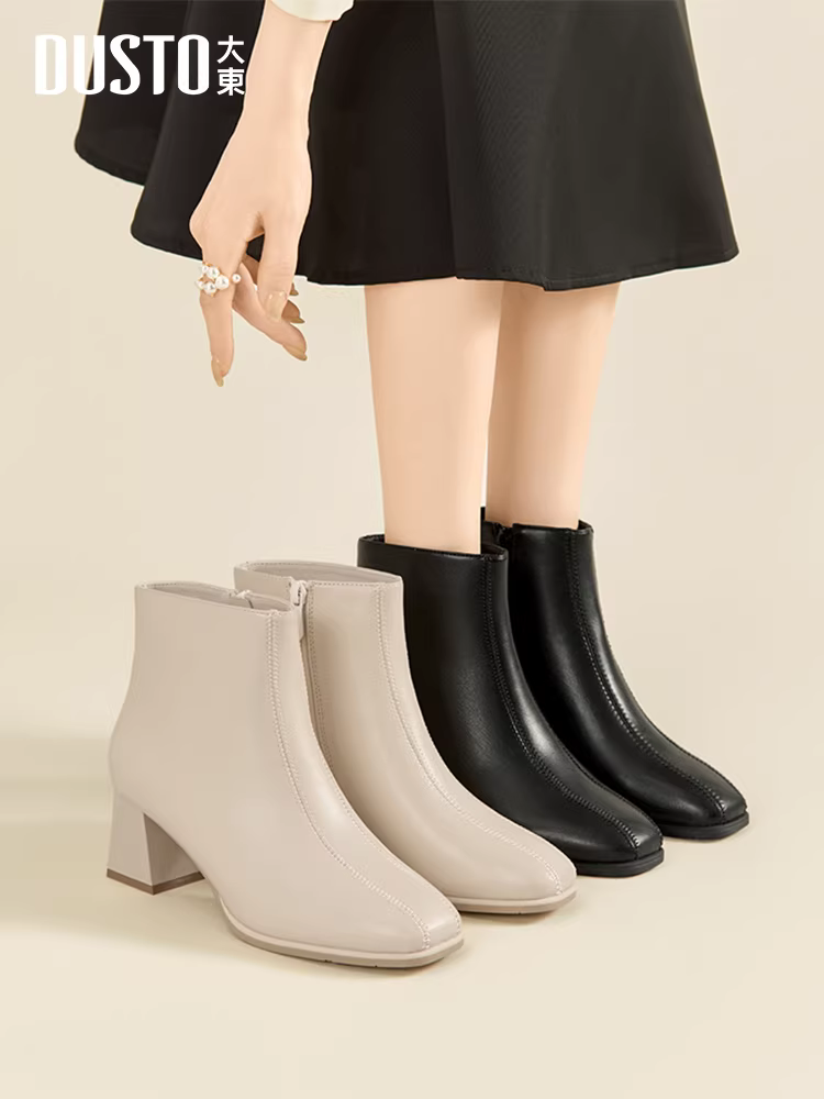 Giày bốt ngắn Dadong Chelsea nữ 2025 kiểu mới thu đông, gót cao phong cách Hàn Quốc, màu đen, gót thô, mũi vuông