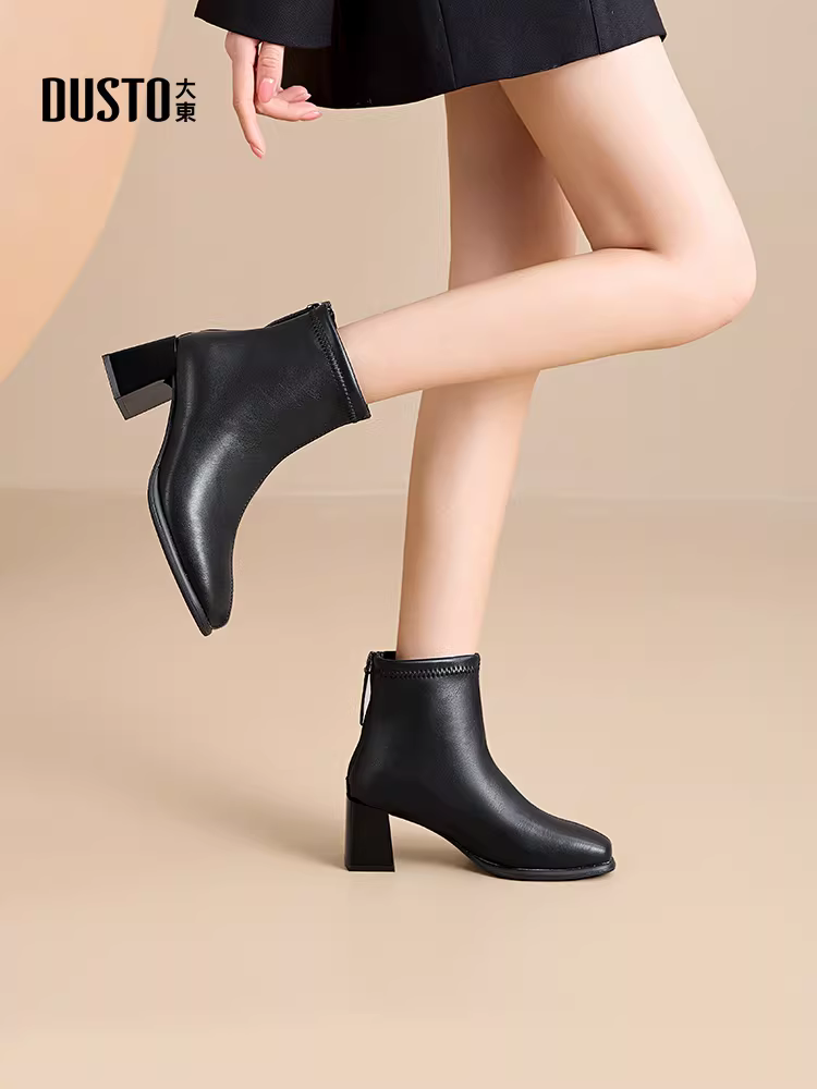 Giày bốt cổ ngắn cao gót màu trắng Dadong dành cho nữ 2025 Giày bốt Chelsea mới mùa thu đông Giày bốt dáng ôm Giày bốt lót lông cừu Giày bốt Martin