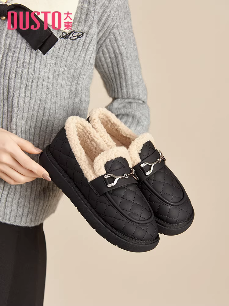 Giày bông nữ mùa đông 2025 kiểu mới, lót lông ấm áp, giày bệt đen, ủng bông.