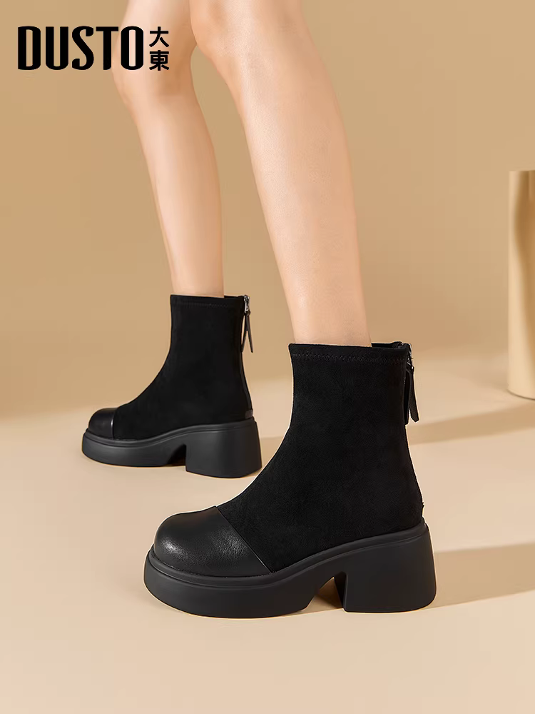 Giày bốt ngắn Dadong 2025 siêu hot dành cho nữ, giày bốt thu đông cho nữ dáng nhỏ nhắn, giày bốt đế dày tăng chiều cao, giày bốt mũi tròn co giãn ôm dáng.