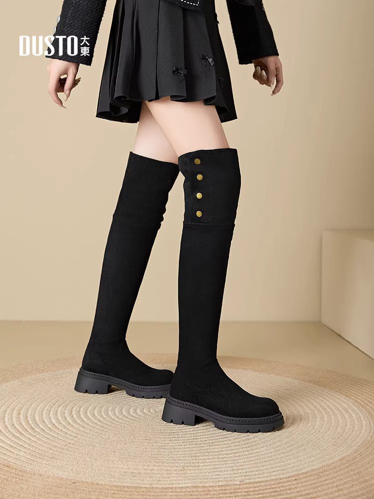 Giày bốt cao quá đầu gối Dadong dành cho nữ, kiểu mới thu đông 2025, bốt da lộn đế dày dành cho nữ nhỏ nhắn, bốt thun, bốt cao cổ.