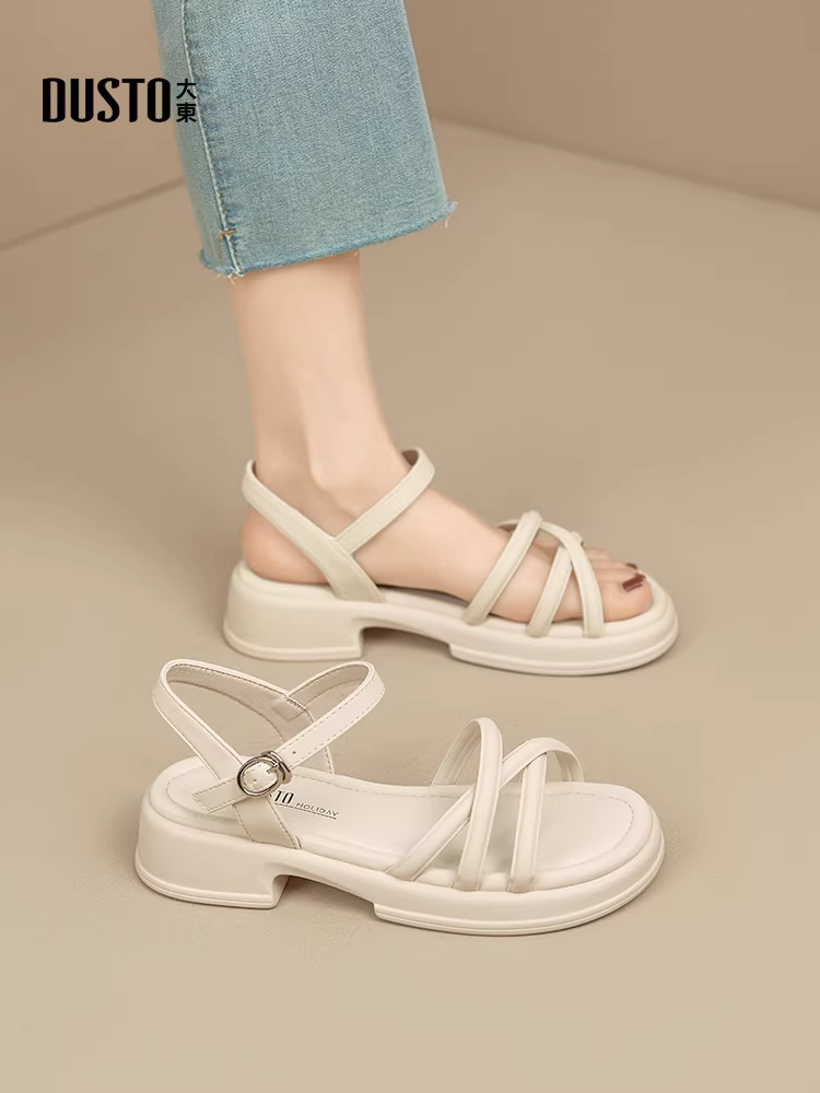 Dép đế dày Dadong dành cho nữ, kiểu dáng mùa hè mới 2025, thích hợp phối với váy, quai đơn, giày La Mã cao gót trung bình.