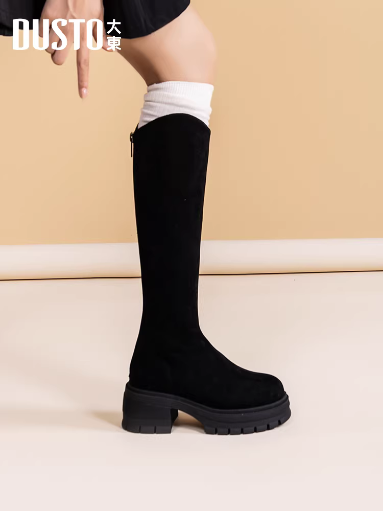 Giày bốt da lộn dài Dadong dành cho nữ 2025, mẫu mới thu đông, đế dày, gót dày, kiểu dáng thon gọn, cao quá đầu gối, kiểu bốt cưỡi ngựa.