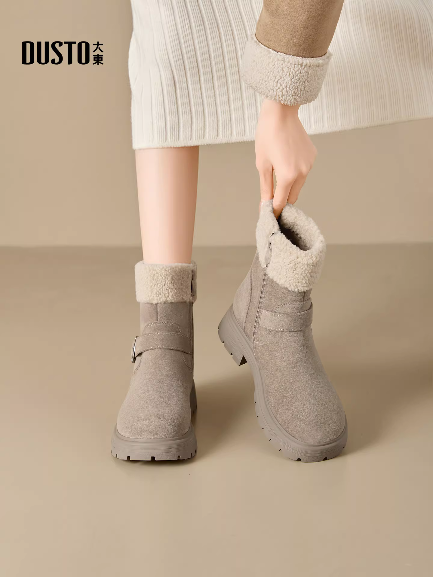 Giày bốt Martin đế dày lót lông giữ ấm cho nữ, mùa đông 2025, màu nâu Melard, giày bốt đi tuyết dành cho nữ.