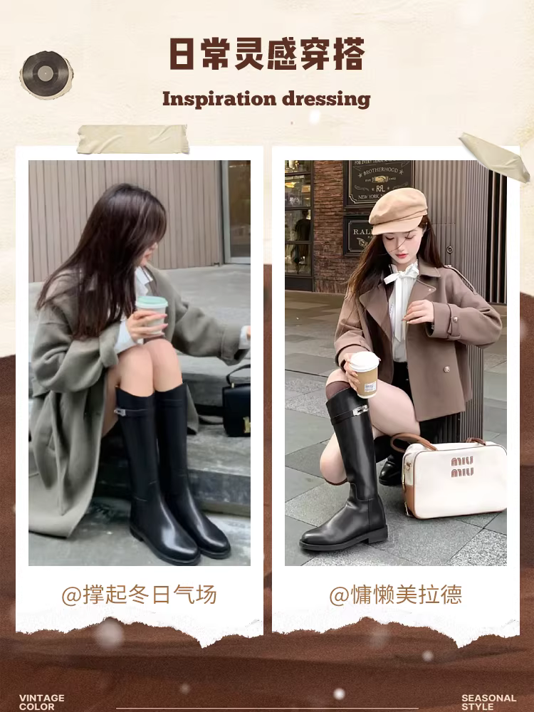 Giày bốt đen dài Dadong dành cho nữ, mẫu mới thu 2025, phối chân váy, kiểu bốt cưỡi ngựa, bốt cao, bốt ôm sát.