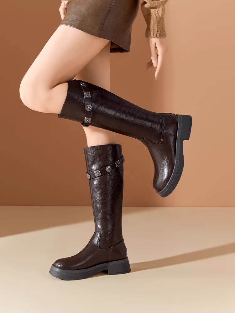 Giày bốt đen Dadong nữ 2025 kiểu dáng mới thu đông, bốt cao cổ thời trang đế dày tăng chiều cao, bốt cao đến đầu gối, bốt cưỡi ngựa cổ cao