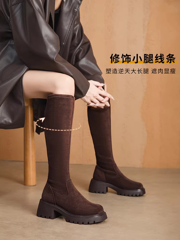 Giày bốt thon gọn Dadong dành cho nữ, mẫu mới thu đông 2025, gót dày, bốt cao cổ, đế dày, bốt đen dài.