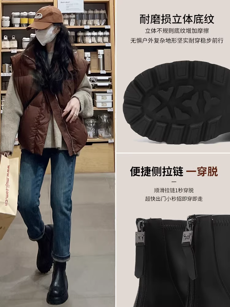 Giày bốt ngắn màu đen Dadong dành cho nữ 2025, mẫu mới thu đông, giày bốt phổ biến, đế dày, kiểu Chelsea, giày bốt ôm chân