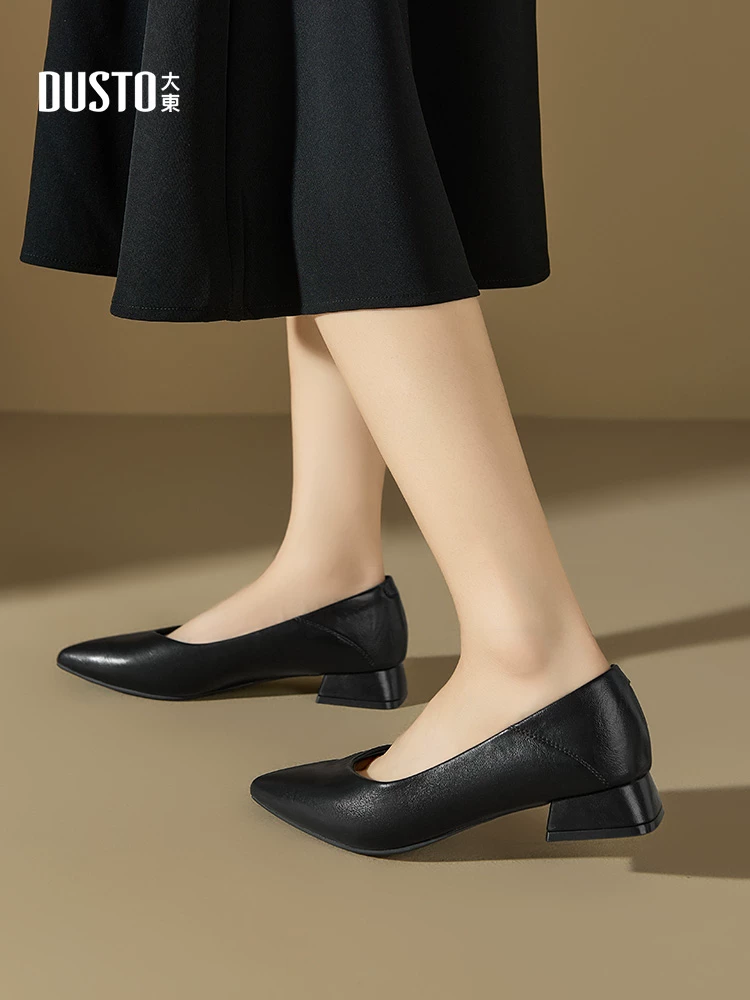 Giày nữ kiểu Pháp Dadong 2025 mẫu mới mùa thu, giày lười nữ đi làm, màu đen, gót vuông, mũi nhọn, cao gót