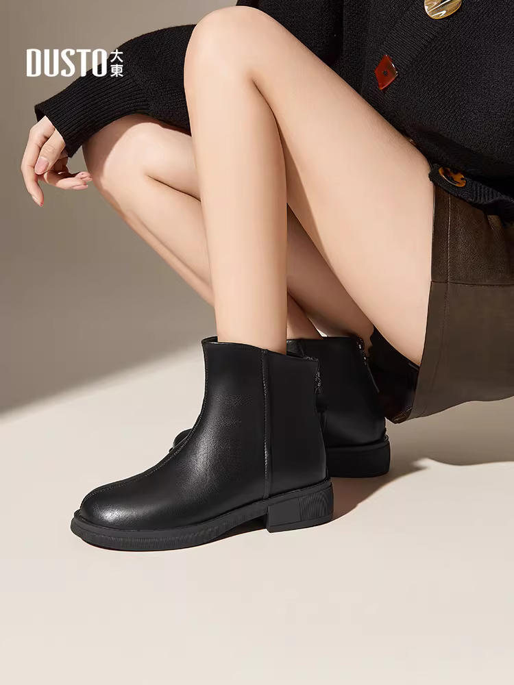 Giày bốt ngắn màu đen Dadong dành cho nữ, mùa thu đông 2025, kiểu mới đế dày lót lông, giày bốt da nữ, giày Chelsea, giày Martin.
