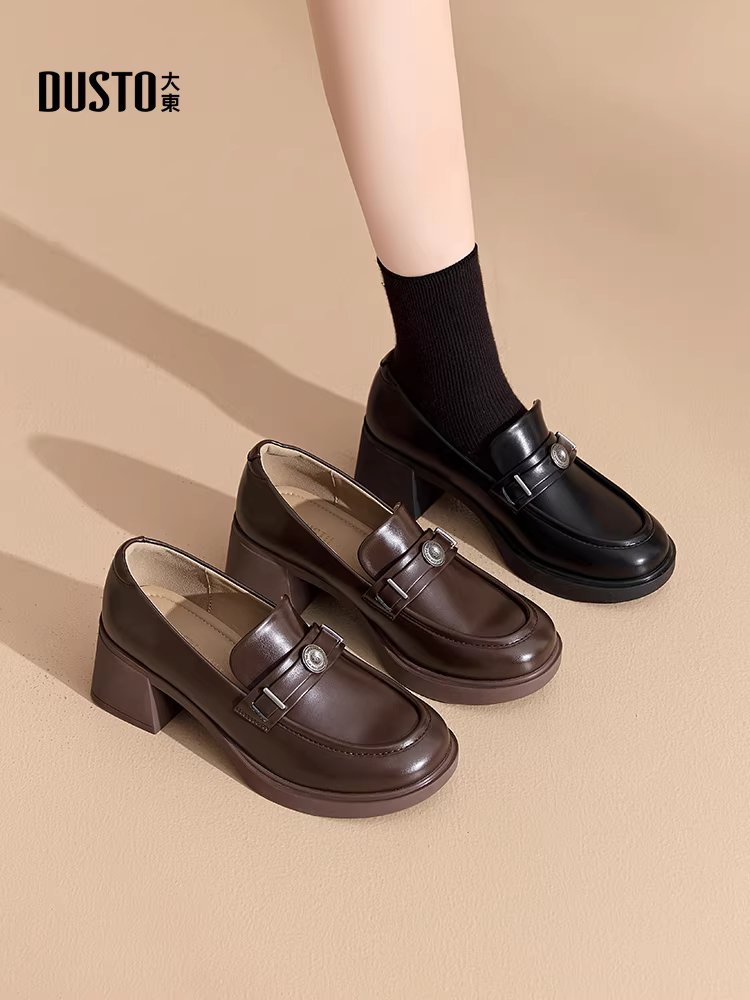Giày da đen Dadong nữ mùa thu đông 2025 kiểu mới, giày nữ phong cách Anh, giày lười gót cao chunky, giày đi làm