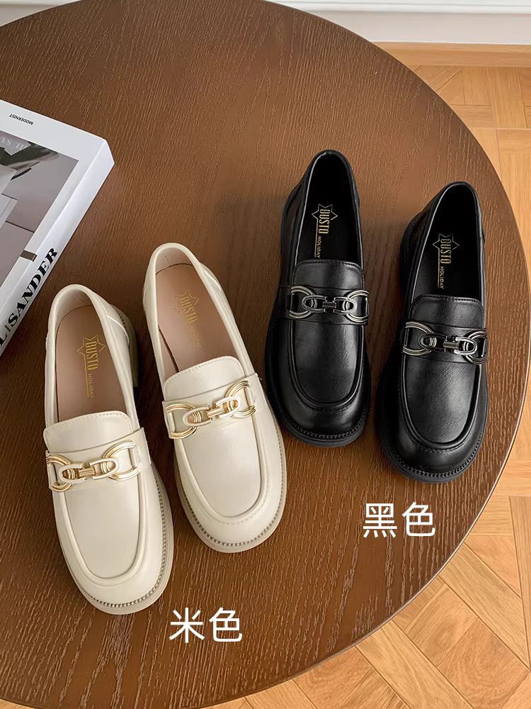 Giày lười đế dày Dadong dành cho nữ, kiểu dáng thu đông 2025 mới, giày lười dễ phối với chân váy, giày da nhỏ kiểu Anh màu đen.