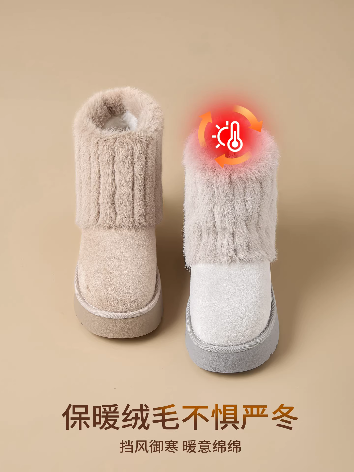 Giày bốt nữ Dadong màu xám, mùa đông 2025, lót lông giữ ấm, cao đến giữa bắp chân, giày lông dày, đế dày, kiểu ngắn