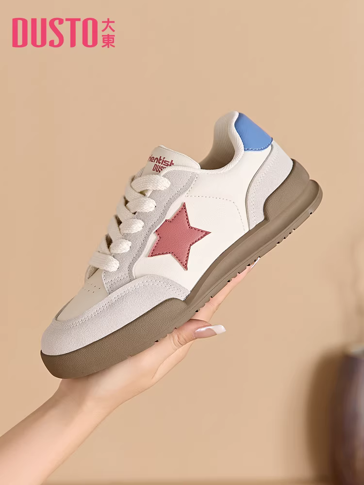 Giày thể thao nữ Dadong retro, kiểu dáng cổ điển, mùa thu đông 2025, họa tiết sao, đế bằng, giày thể thao thường ngày, mũi tròn, màu trắng