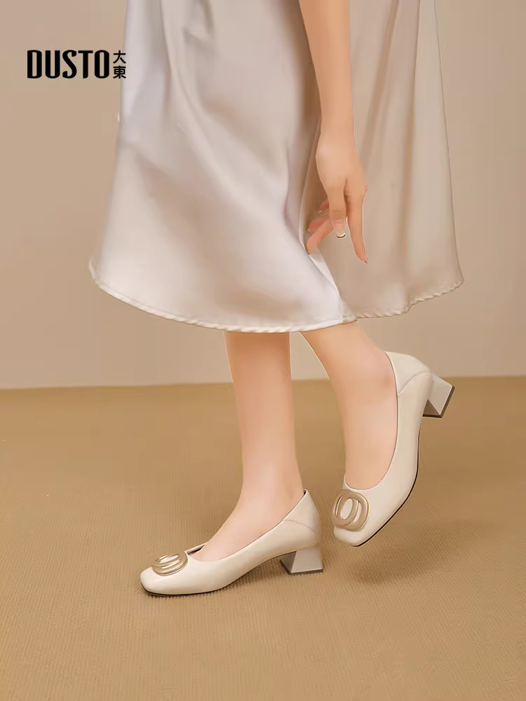 Giày cao gót đế thô kiểu Dadong dành cho nữ, mẫu mới thu đông 2025, phối cùng chân váy, giày công sở nữ, giày cao gót trung bình, giày miệng nông.