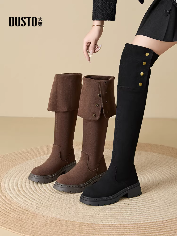Giày bốt dài qua gối Dadong dành cho nữ, kiểu mới thu đông 2025, bốt da lộn nữ, bốt ôm dáng co giãn, bốt dài đế dày nhung.