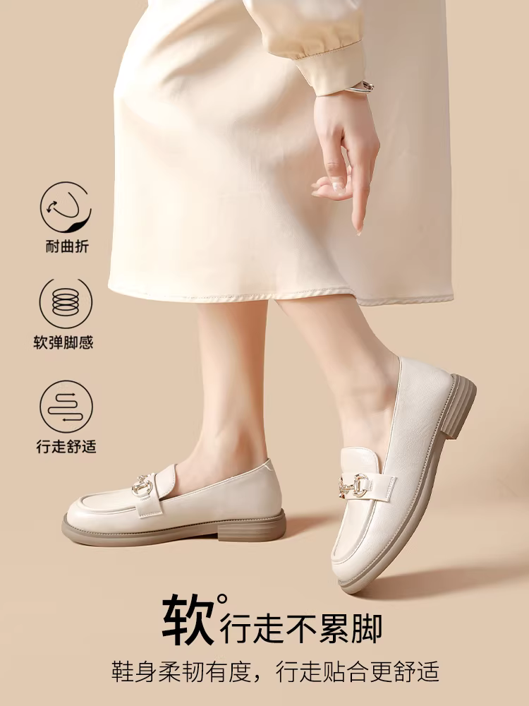 Giày da đế dày màu trắng Dadong dành cho nữ 2025 mới thu đông đế mềm giày đơn phong cách Hepburn Pháp giày lười nữ