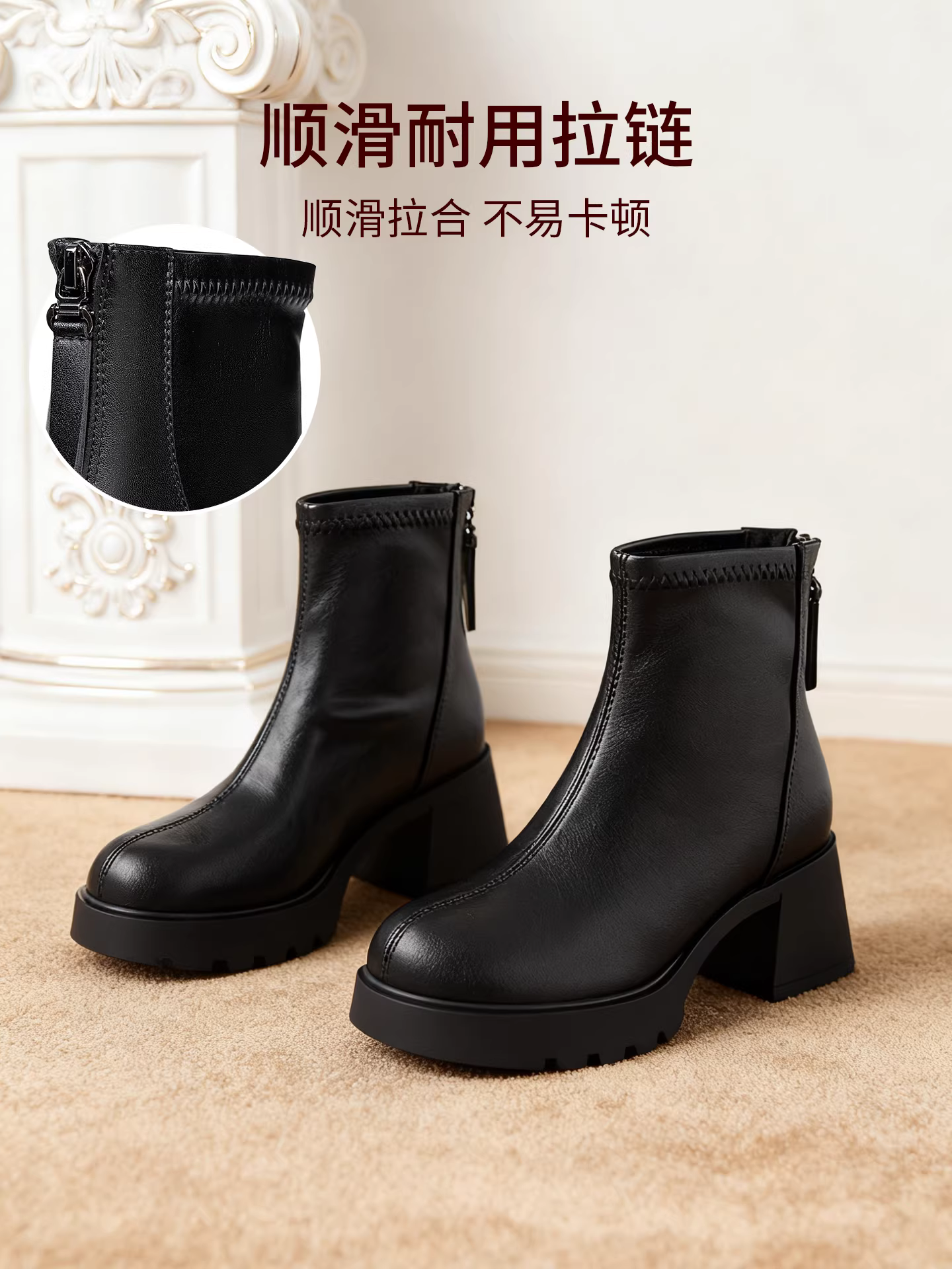 Giày bốt cao gót ngắn Dadong dành cho nữ 2025, mẫu mới thu đông, gót dày, kiểu Pháp, phối chân váy, màu trắng, kiểu Martin.