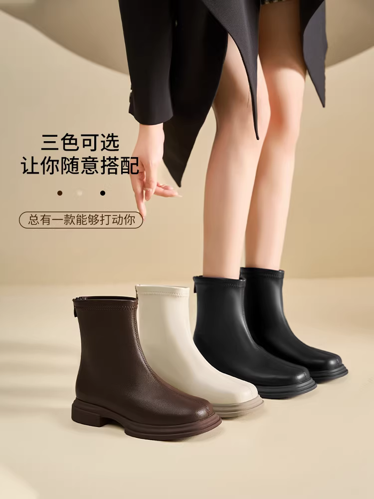 Giày bốt Dadong Martin dành cho nữ, mùa thu đông, lót lông cừu, kiểu mới 2025, bốt cổ ngắn, mũi vuông, bốt ôm sát, bốt trắng, bốt ngắn kiểu Pháp.