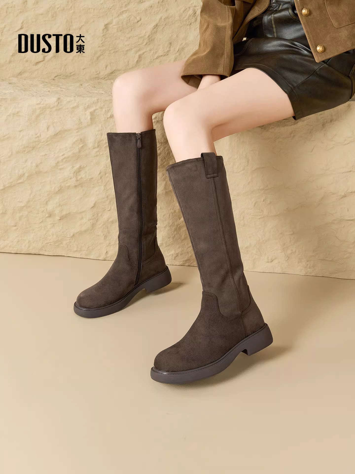 Giày bốt cao đến đùi Dadong dành cho nữ, mẫu mới mùa đông 2025, đế dày, gót chunky, kiểu retro, lót lông cừu, màu xám, kiểu bốt cưỡi ngựa