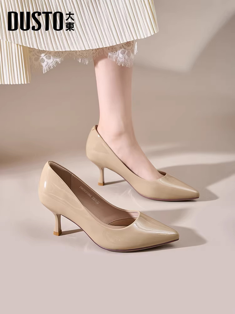 Giày cao gót mũi nhọn màu đen Dadong dành cho nữ, kiểu mới mùa thu 2025, gót nhọn, giày cao gót da bóng thanh lịch, giày công sở nữ.