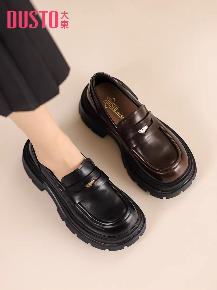 Giày lười nữ đế dày, kiểu mới thu đông 2025, giày da nhỏ kiểu Anh, giày đơn tăng chiều cao cho nữ nhỏ nhắn, giày đế xuồng.