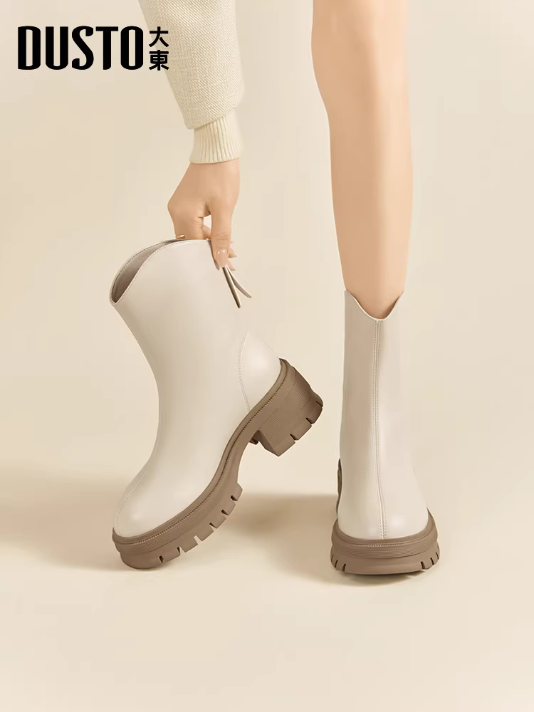 Giày bốt cổ ngắn đế dày Dadong dành cho nữ 2025, mẫu mới thu đông, kiểu Chelsea, ôm chân, màu đen, đế dày, kiểu Martin