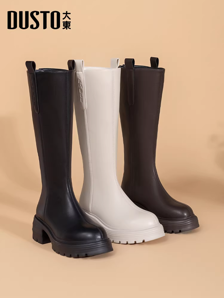 Giày bốt đế dày Dadong dành cho nữ 2025, mẫu mới thu đông, bốt cao dành cho nữ cỡ lớn, bốt ống rộng, bốt dài dành cho nữ nhỏ nhắn.