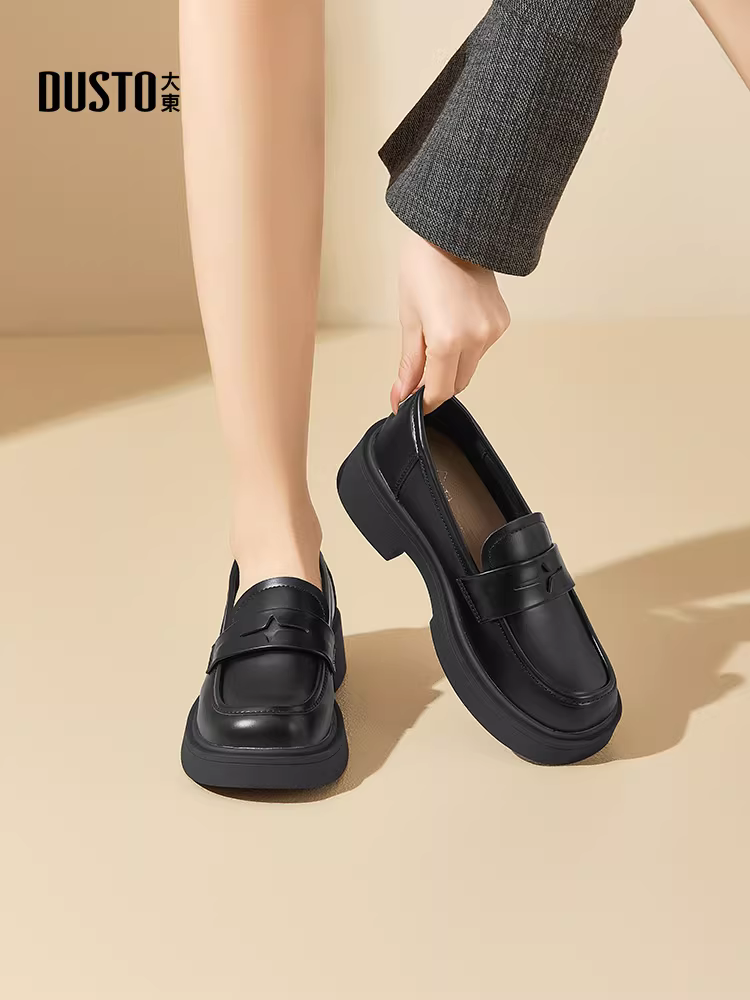 Giày lười đế dày màu đen Dadong dành cho nữ 2025 mới thu đông phong cách Anh quốc đa năng giày da nhỏ đi làm giày bệt nữ