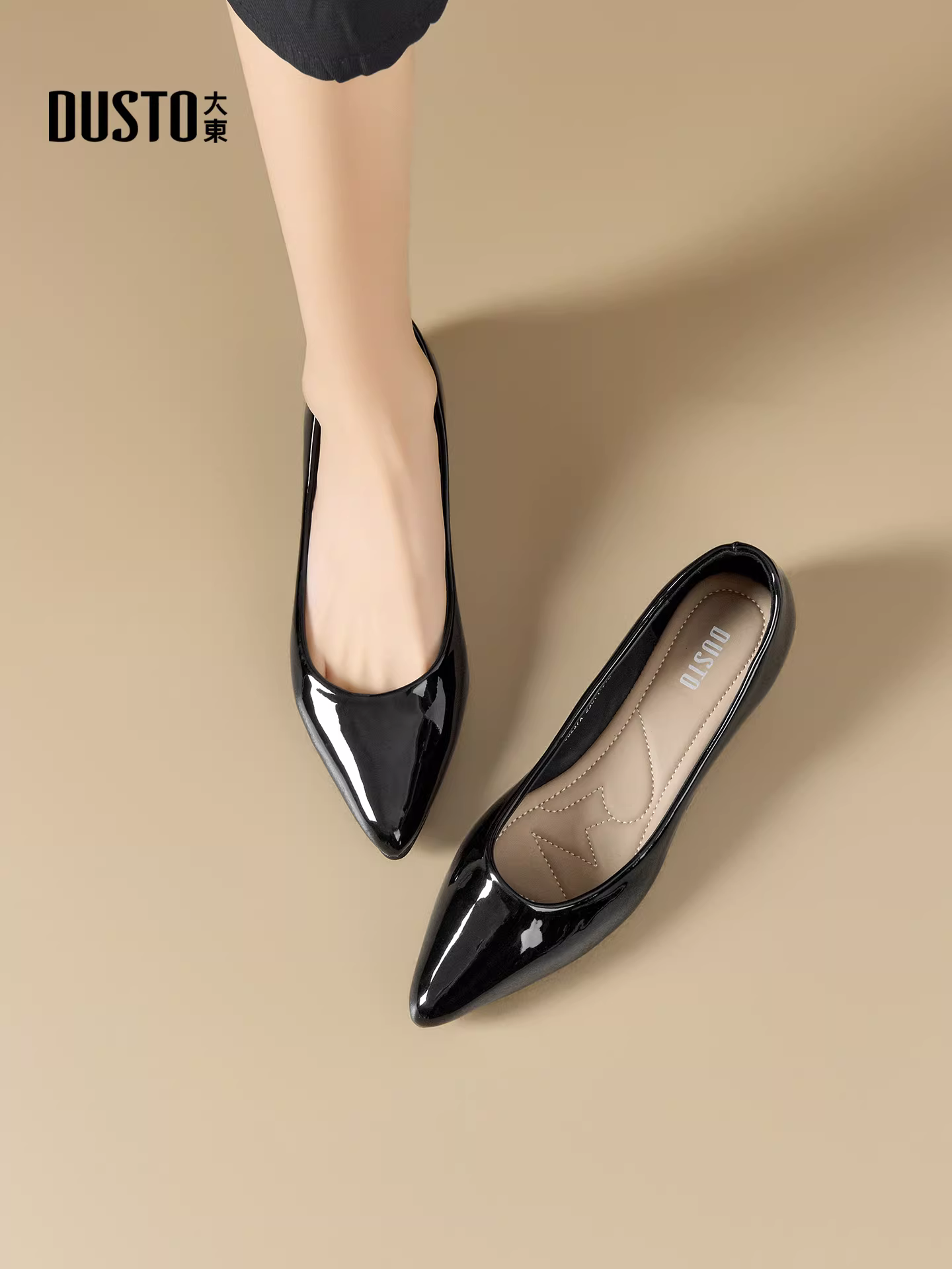 Giày bệt mũi nhọn da bóng Dadong dành cho nữ, mẫu mới xuân thu 2025, màu đen, đế mềm, miệng giày nông, thích hợp đi làm, đi làm hàng ngày.