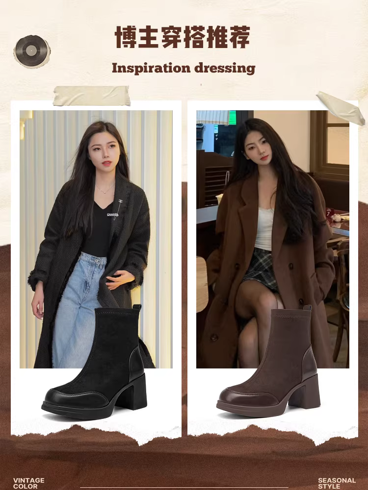 Giày bốt cao gót ngắn Dadong dành cho nữ 2025, mẫu mới thu đông, gót dày đế dày dành cho người nhỏ nhắn, giày tăng chiều cao, giày thon gọn co giãn.