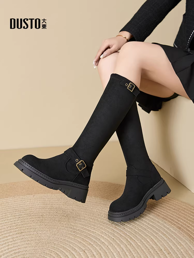 Giày bốt dài màu đen Dadong dành cho nữ 2025, mẫu mới thu đông, kiểu ôm sát, đế dày, cổ cao, kiểu đi xe.
