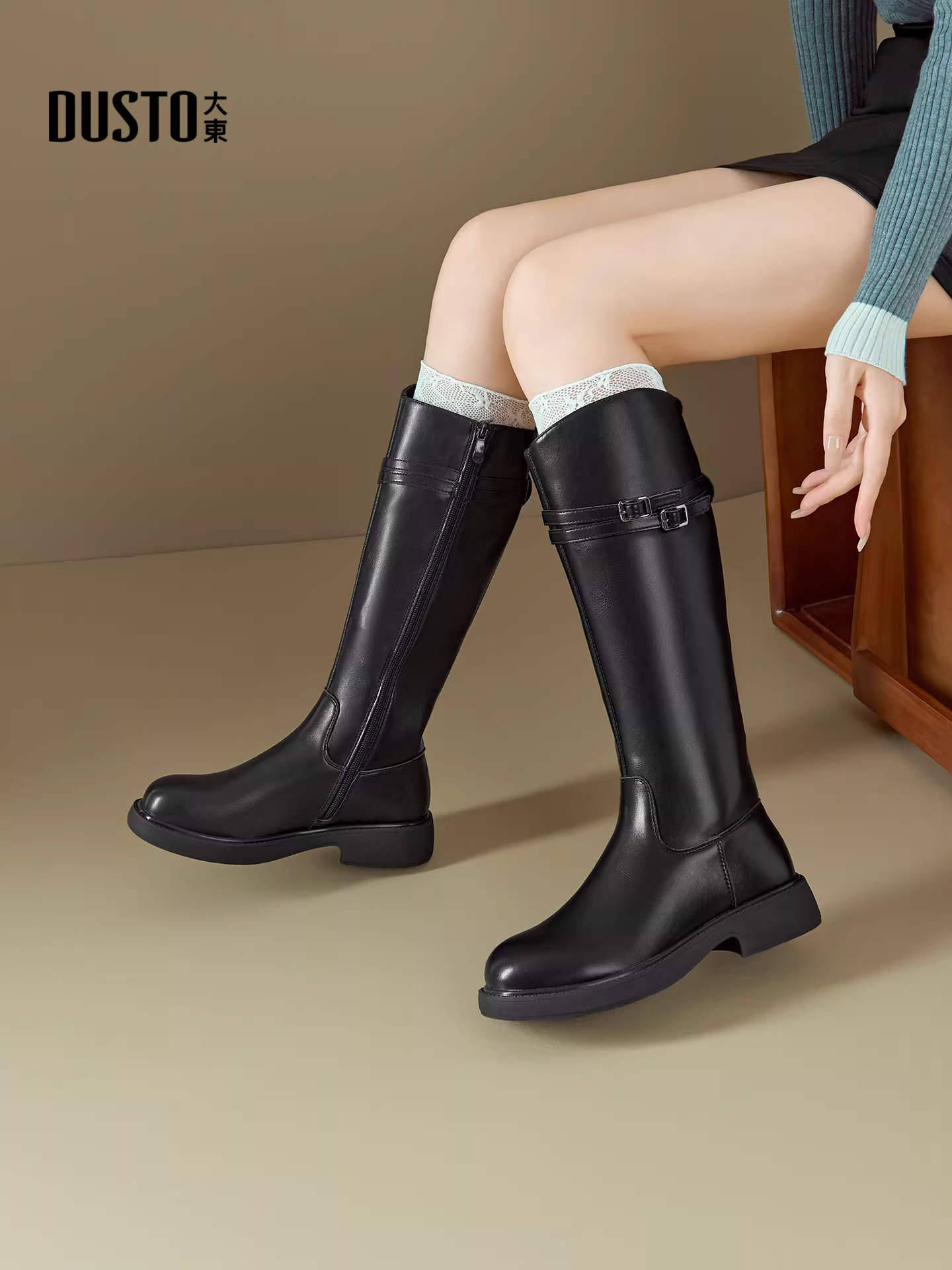 Giày bốt dài màu đen Dadong dành cho nữ 2025, mẫu mới thu đông, kiểu dáng ôm sát, cổ cao, kiểu dáng đi xe, giúp tôn dáng chân.