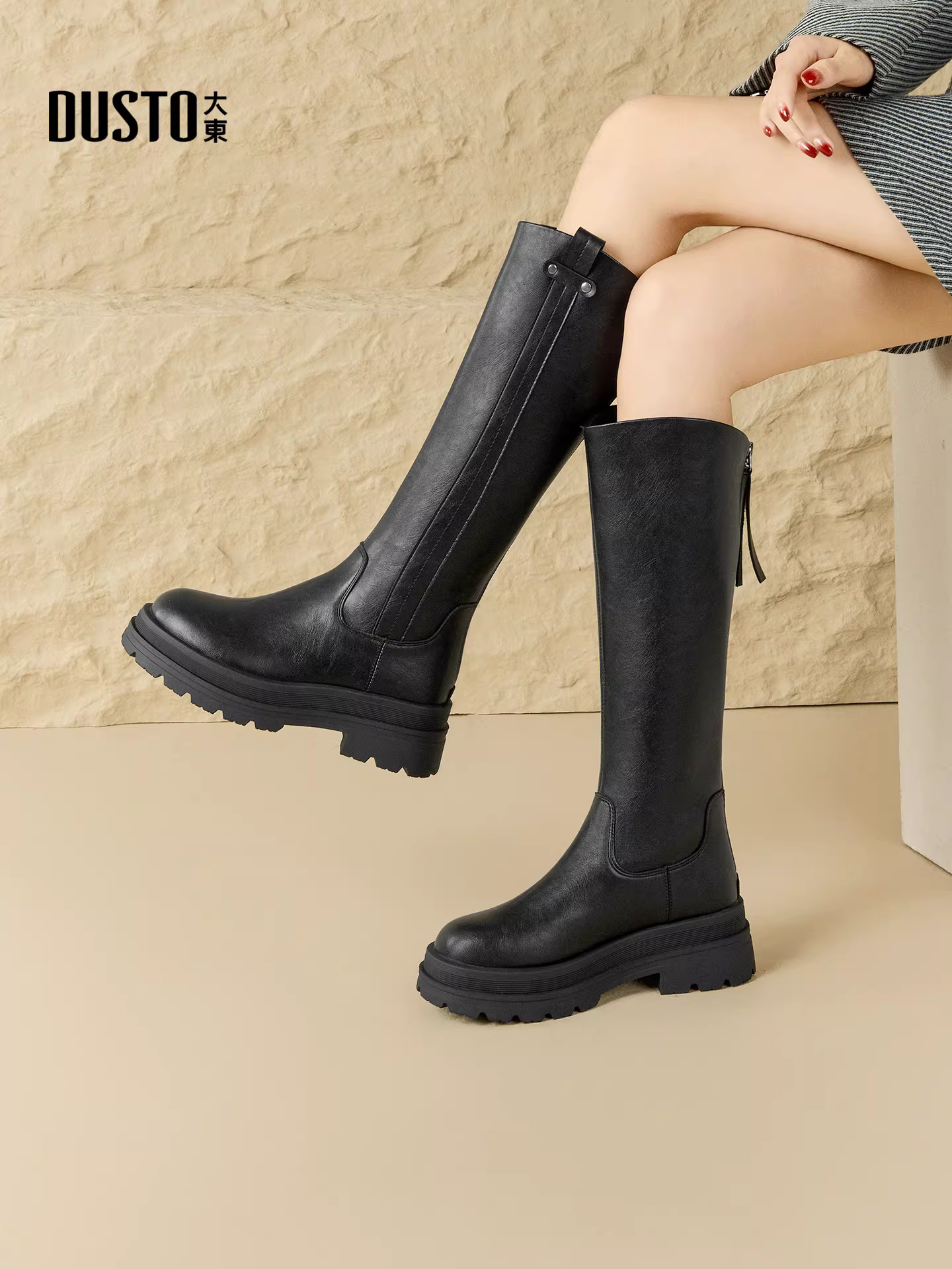 Giày bốt nữ cao cổ đế dày gót thô, bộ sưu tập thu đông 2025 mới, bốt hiệp sĩ đen, bốt cao cổ.